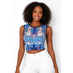 Johanne Beck Abstract Feather Print Sleeveless Cropped Vest XS NWT Made USA